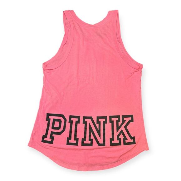 PINK VICTORIA’S SECRET Women’s Hot Pink Logo Racerback Tank Top Size Small - Picture 2 of 6